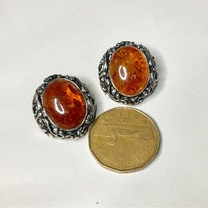 Vintage Sterling Silver Amber Large Chunky Clip Earrings